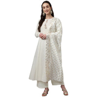FIORRA Women's  Off White Pure Cotton Flared Kurta with Palazzo and Dupatta S