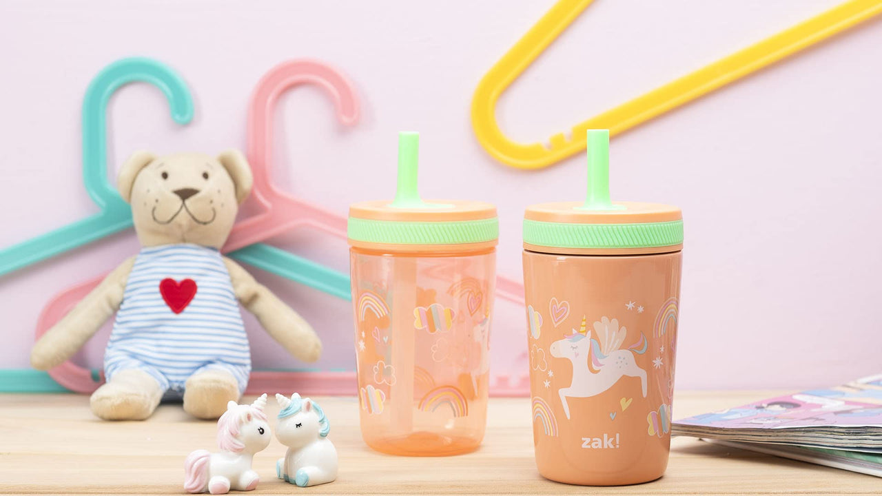 Zak Designs Unicorn Kelso Tumbler Set, Leak-Proof Screw-On Lid with Straw, Bundle for Kids Includes Plastic and Stainless Steel Cups with Bonus Sipper, 3pc Set, Non-BPA, 15 fl.oz. Classic