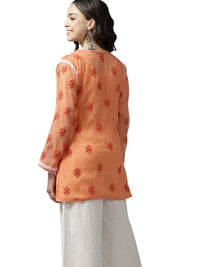 Ada Women's  Hand Embroidered Lucknowi Chikankari Georgette Short Top Kurti with Slip
