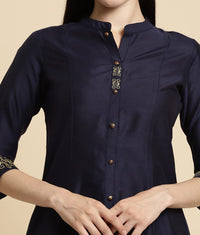 rangita Women Solid Embroidered Calf Length A Line Kurti with Sleeves Tabs