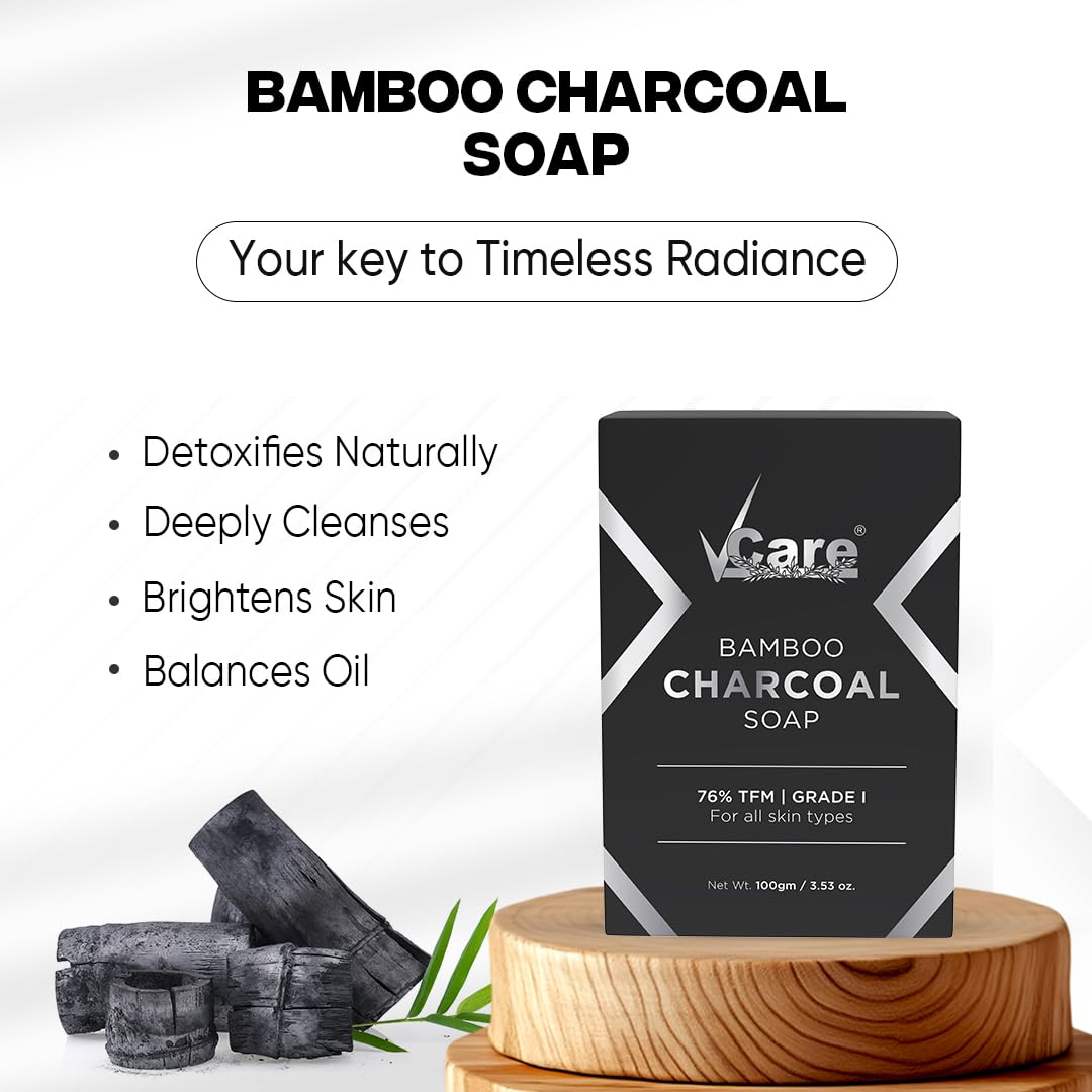 VCare Bamboo Charcoal Soap for Men and Women|76% TFM Grade 1 Skin Protection, Deep Cleansing and Detoxifies Bathing Soap Bar - 100gm Buy 3 Get 1 Free