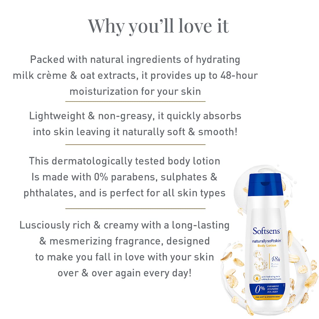 Softsens Naturally Soft Skin Body Lotion With Hydrating Milk Creme & Oats Extract | 48H Moisturization | Parabens, Sulfates, SLS, SLES Free 200mlx2 | Pack of 2