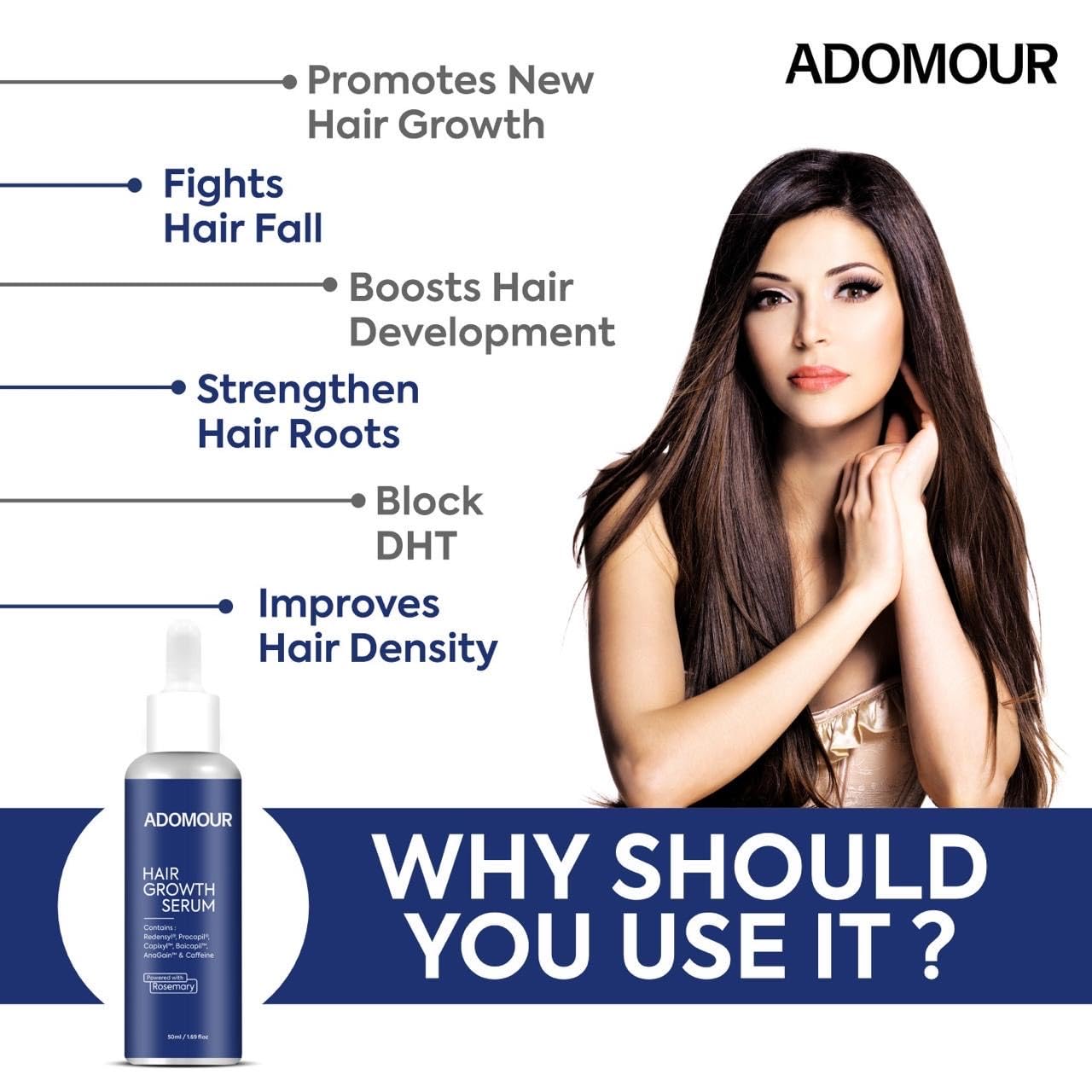 Adomour Hair Growth Serum with Rosemary, Redensyl, Procapil, Strengthens Hair Roots & Improves Hair Density | Hair regrowth & Hair fall control serum for Men & Women | Natural DHT Blocker | 50ml