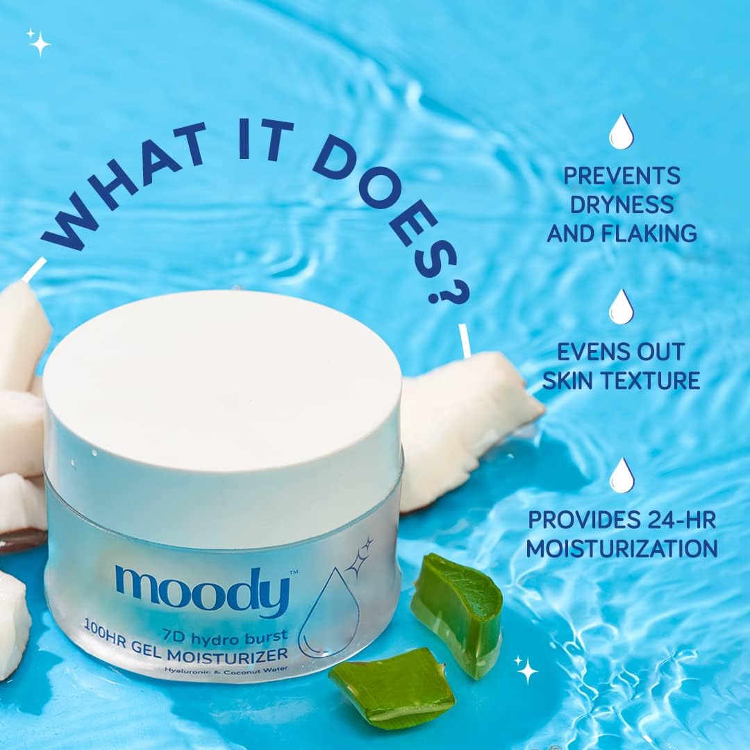 Moody 7D Hydro Burst Oil-Free Water Gel Face Moisturizer with Hyaluronic Acid, Ceramides & Peptides for 100HR Hydration | Skin Barrier Repair Cream For All Skin Types | Men & Women, 10ml