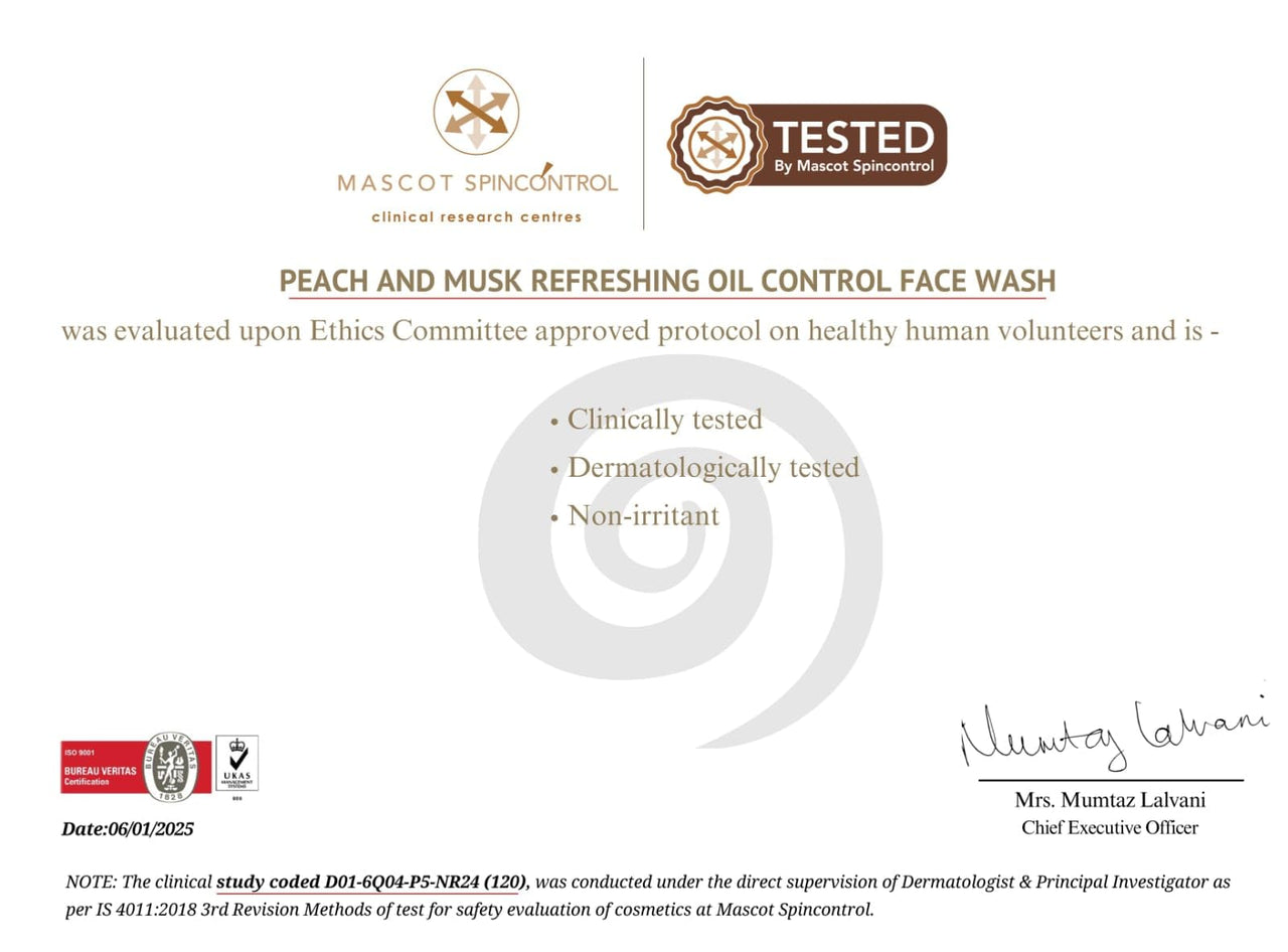 Peach and Musk Refreshing Oil Control Facewash, 2% Salicylic Acid with Ginseng, Controls Oil and Reduces Acne, Sulphate & Parabens Free, Soap Free Face Wash - 100gm