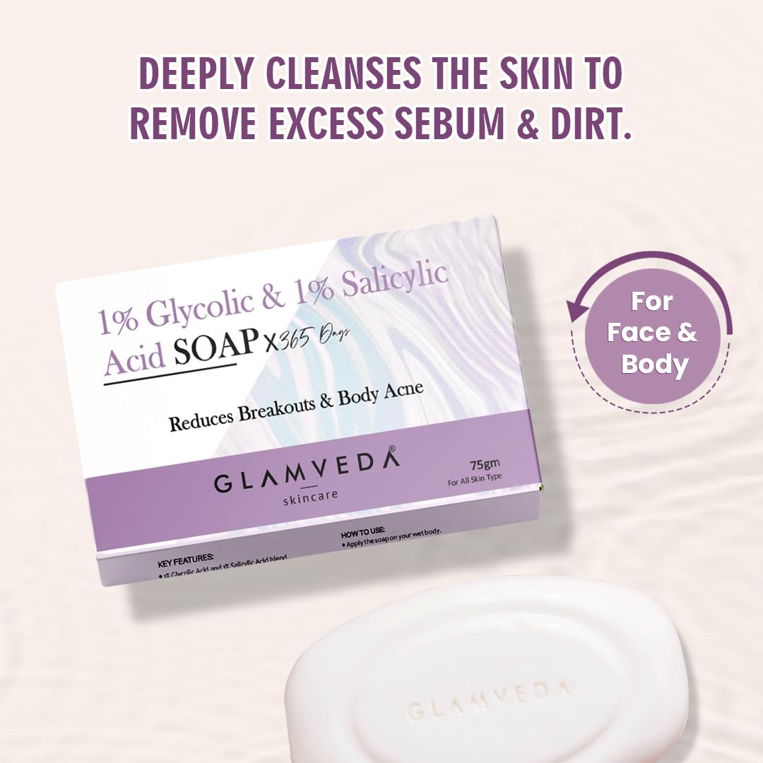 Glamveda Anti Acne 1% ww Glycolic Acid & 1% ww Salicylic Acid Soap | Reduces Dark Spots, Acne Scars & Hyperpigmentation - 75gm Pack of 2