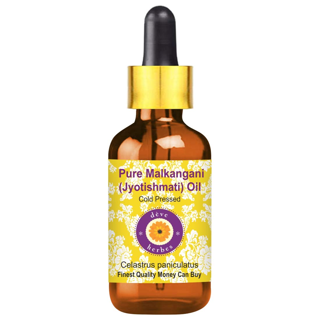 Deve Herbes Pure Malkangani (Malkangani/Jyotishmati) Oil (Celastrus paniculatus) with Glass Dropper Natural Therapeutic Grade Cold Pressed 10ml