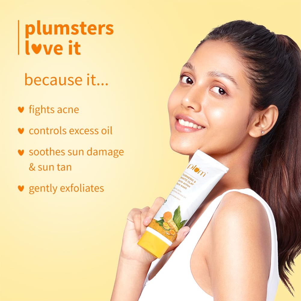 Plum Turmeric & White Clay Acne Action Face Wash | Fights Acne & Controls Excess Oil | With Turmeric & Orange Peel | Non-Drying, Clay-Based, Sulphate Free Face Wash | 100% Vegan | 100ml