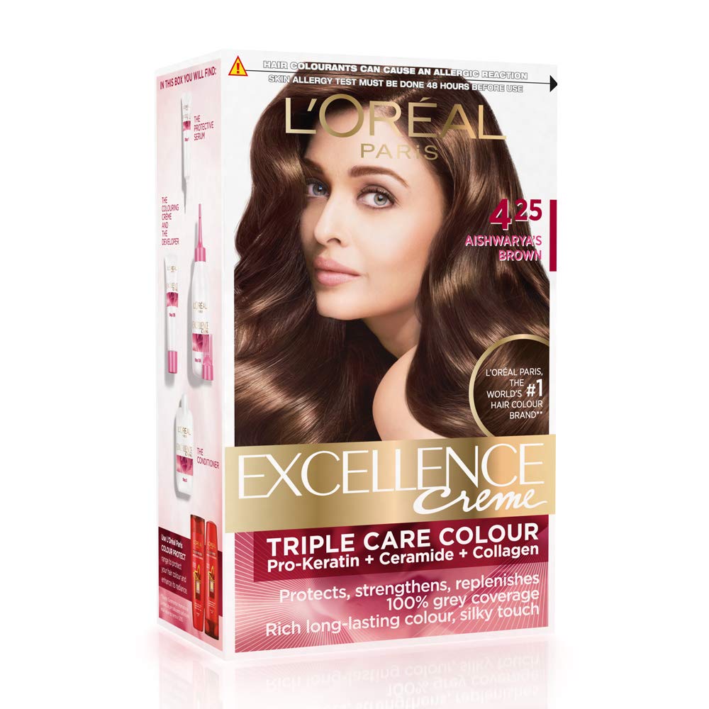 L'OREAL PARIS Excellence Creme Hair Color, 4.25 Aishwarya's Brown, 72Ml+100G And L'Oreal Paris Excellence Creme Hair Color, 4 Natural Dark Brown, 72Ml+100G, 2 Count
