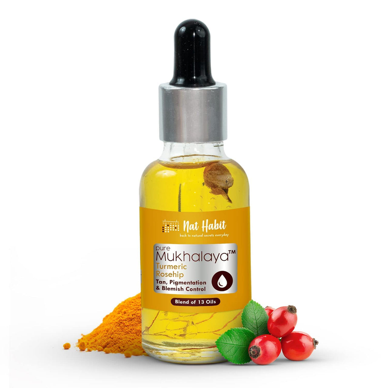 Nat Habit Turmeric Rosehip Mukhalaya Face Oil For Tan, Pigmentation & Blemish Control, with Blend of 13 Cold Pressed Oils, For Natural Face Care, No Mineral Oil or Chemical (30ml)