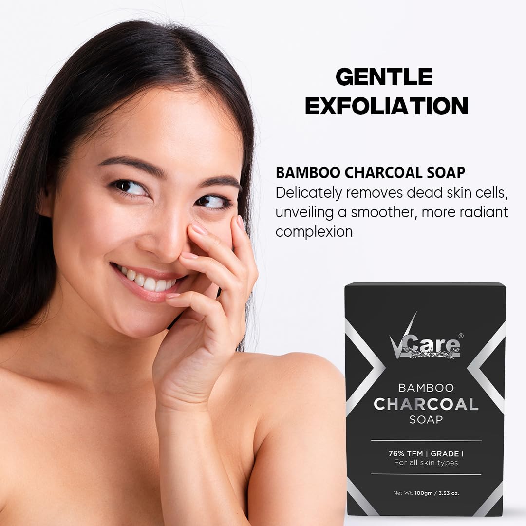 VCare Bamboo Charcoal Soap for Men and Women|76% TFM Grade 1 Skin Protection, Deep Cleansing and Detoxifies Bathing Soap Bar - 100gm Buy 3 Get 1 Free