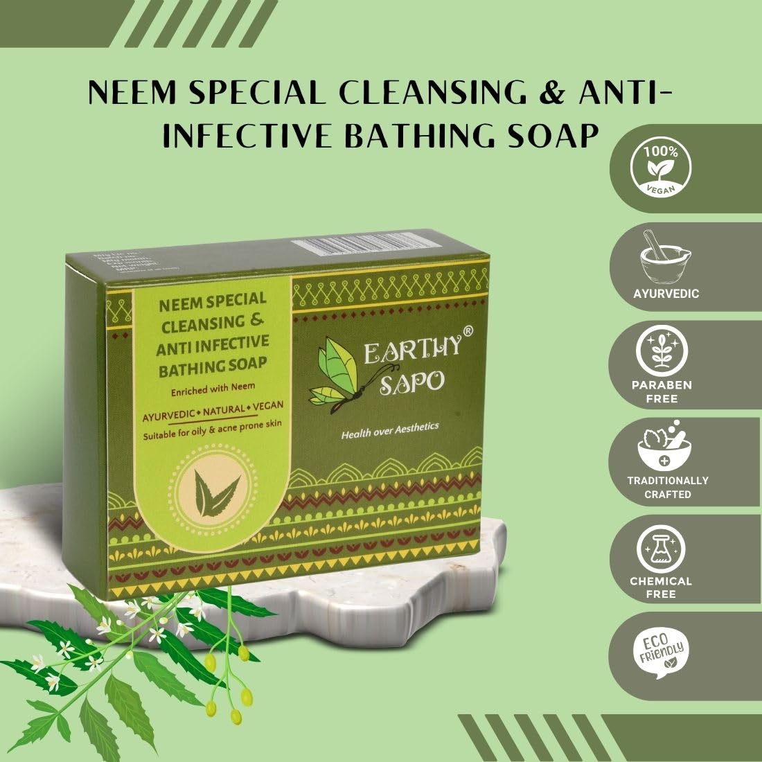 Earthy Sapo Handmade Neem Bathing Soap, 100g, Pack of 1 | Natural Cleansing Soap | Neem-Based Formula for Daily Use | For oily skin | Vegan, Eco-Friendly, Free from Chemicals