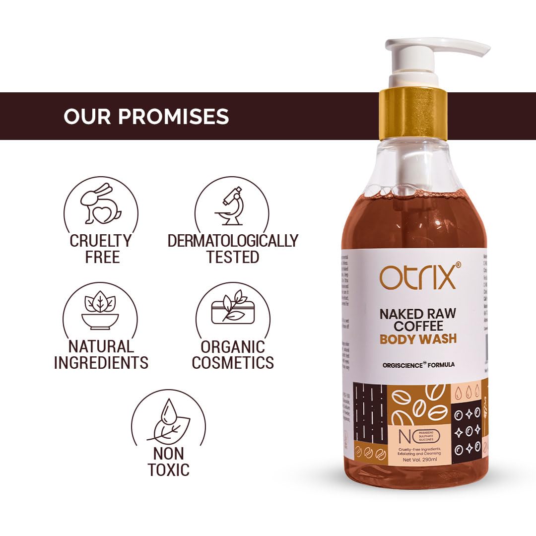 Otrix Naked Raw Coffee Body Wash with Catechins, Exfoliating and Nourishing Formula with Natural Oils, For Men and Women, 290ml