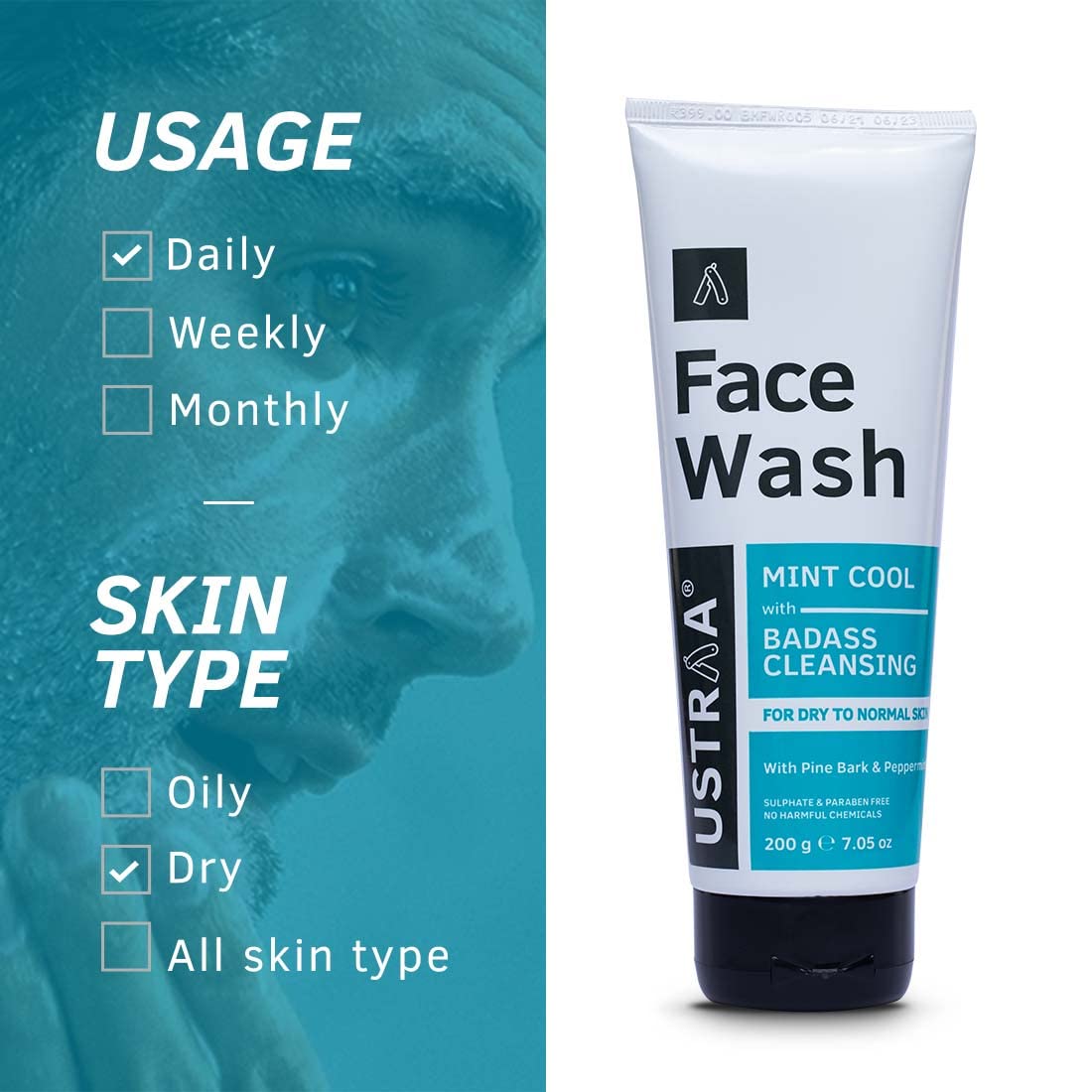 Ustraa Face Wash - Mint Cool - For Dry to Normal Skin - 200g | Reduces Moisture Loss | Removes Dirt & Night Cream - De-Tan & Anti-Aging Cream for Men - 50g | for Effective Tan Removal