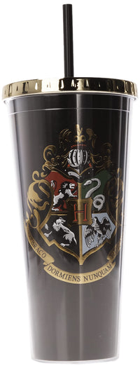 Spoontiques - Harry Potter Tumbler - Hogwarts Crest Foil Cup with Straw - 20 oz - Acrylic -Black