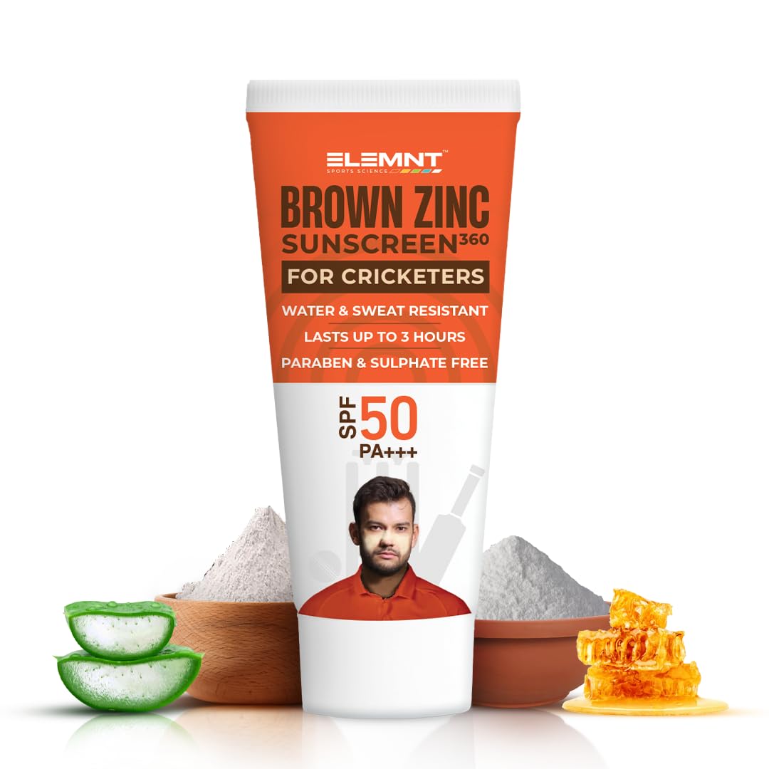 Elemnt Brown Zinc Sunscreen for Cricketers | SPF 50 Zinc Suncream, Broad Spectrum PA+++ with Aloe Vera | Formulated For Heavy Sun Exposure | Water Resistant Sunscreen for Cricketers & Sports | Men & Women - 25gm