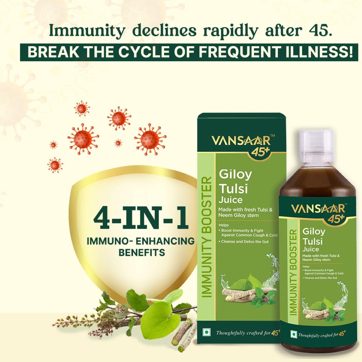 Vansaar 45+ Neem Grown Giloy Tulsi Juice with 4-in-1 Immuno- Enhancing benefits| Handpicked Fresh Tulsi and Neem grown Giloy| NIB rich for all-round Immunity| 100% Pure, Natural Juice - 1L