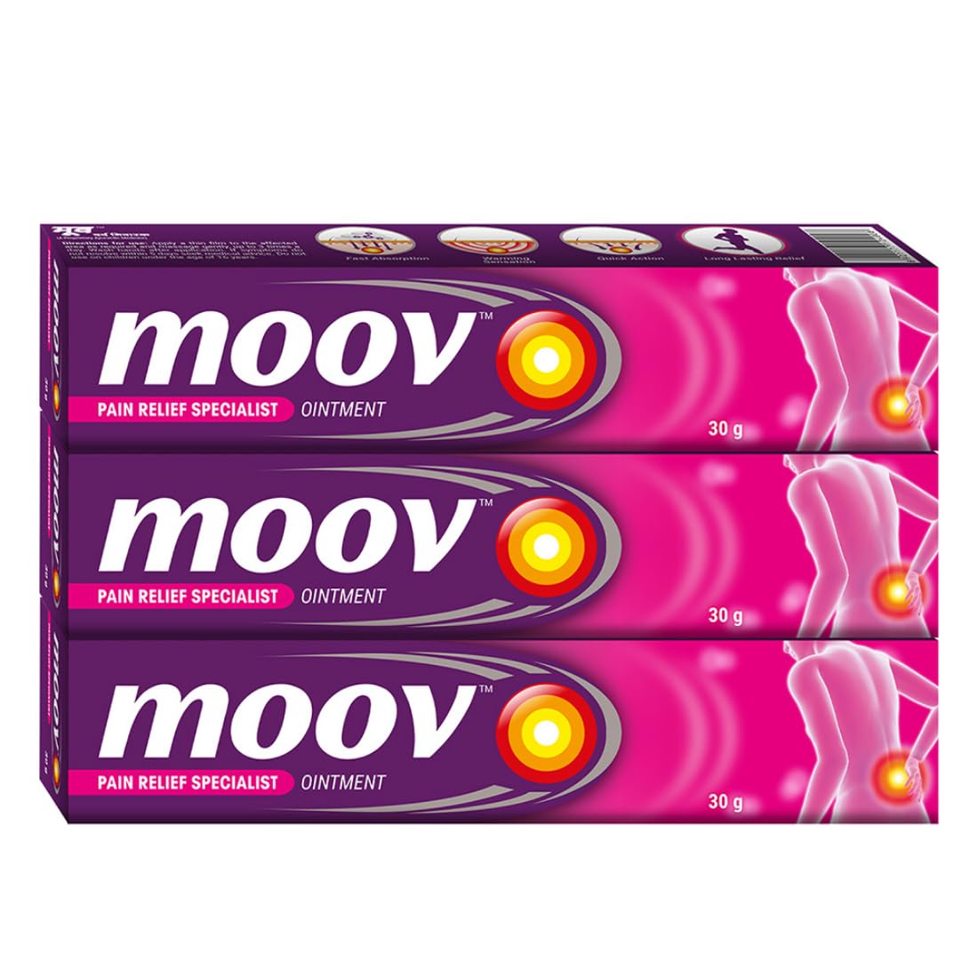 Moov Fast Pain Relief Cream - 30g (Pack of 3) | Suitable for Back Pain, Muscle Pain, Joint Pain, Knee Pain | 100% Ayurvedic Formula | Suitable for Sports & Gym related injuries