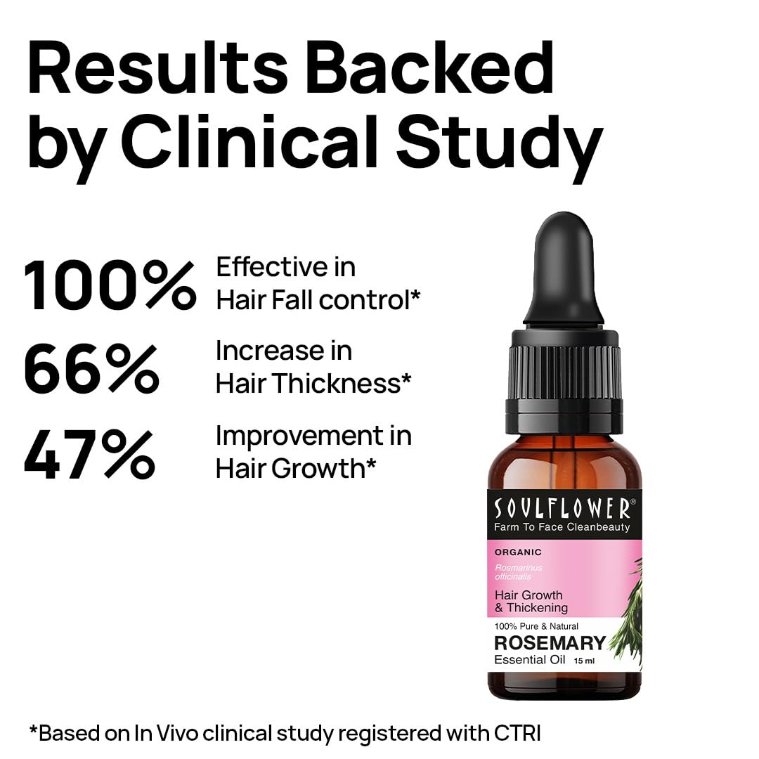 Soulflower Rosemary Essential Oil for Hair Growth, Hair Fall Control and Nourishment, Skin Care | Clinically Tested & Ecocert Certified Organic 100% Pure, Natural, Undiluted | 15ml