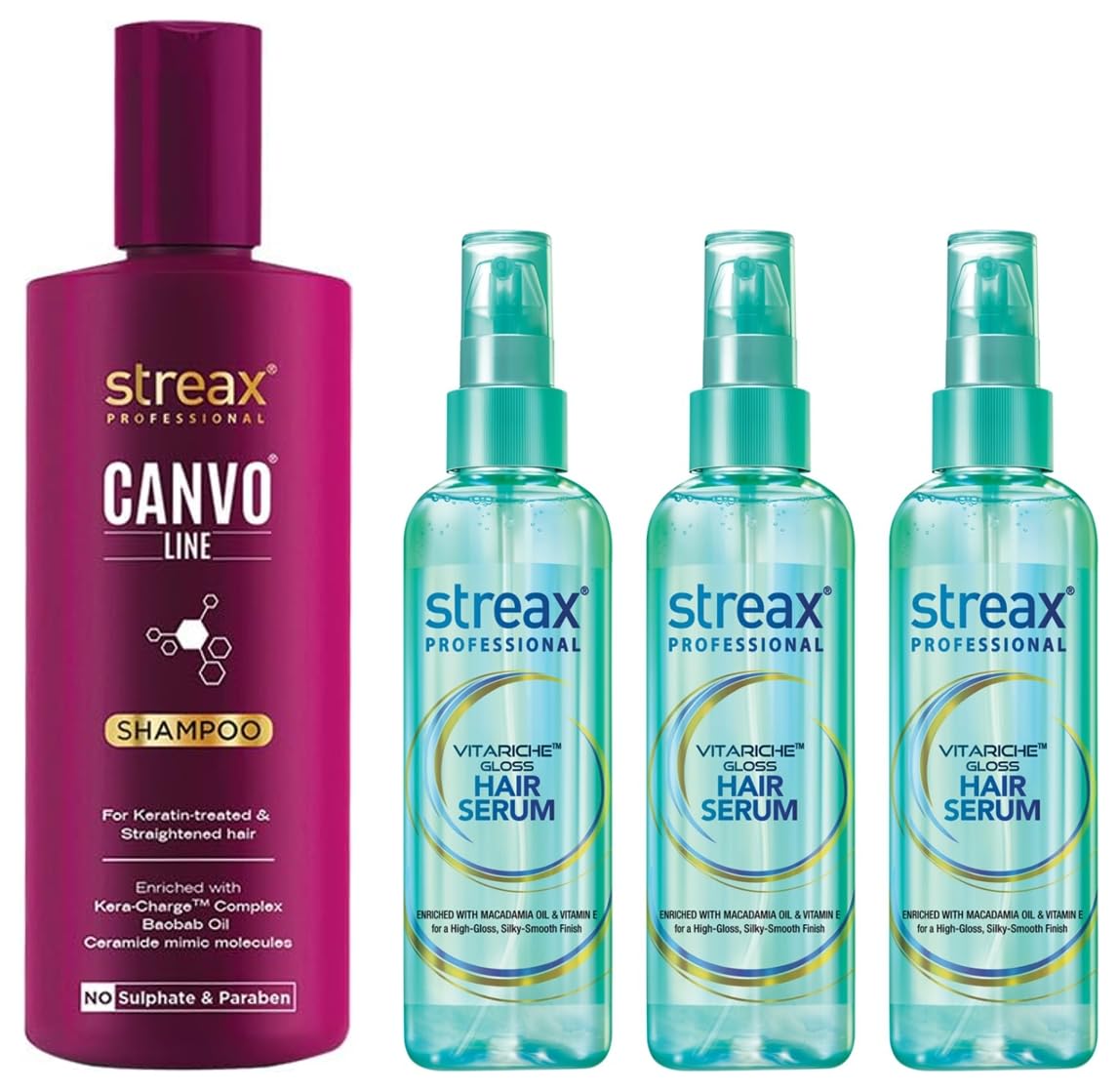 Streax Professional Canvoline Straightening Post Care Shampoo for Women 300ml Vitariche Gloss Hair Serum for Women & Men, 115ml, Pack of 3