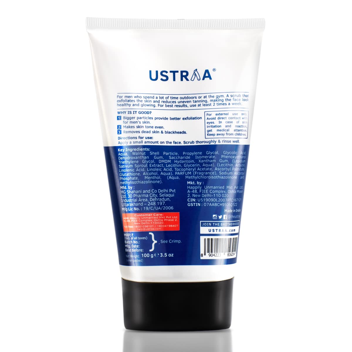 Ustraa Face Wash - Mint Cool - For Dry to Normal Skin - 100g | Reduces Moisture Loss | Removes Dirt & De-Tan Face Scrub for Men, 100g | Effective Tan Removal | with Walnut Granules | No SLS