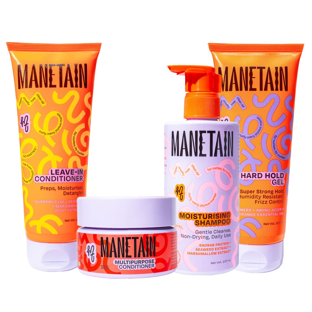 MANETAIN Washday Hold Bundle Full Size - Complete Curly Hair Care Set | Moisturizing Shampoo 237ml | Multipurpose Conditioner 200gm | Leave-In Conditioner 200ml and Hard Hold Gel 200ml