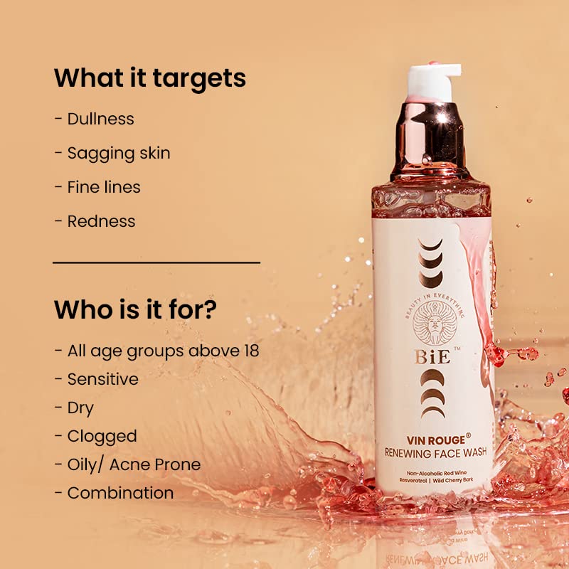 BiE Vin Rouge Renewing Face Wash with Non Alcoholic Red Wine, Resveratrol, Vitamin E & Wild Cherry Bark | Cleanser For Hydration, Glow & Anti-Aging | Mild & Foaming Face Wash | All Skin Types | 100ml