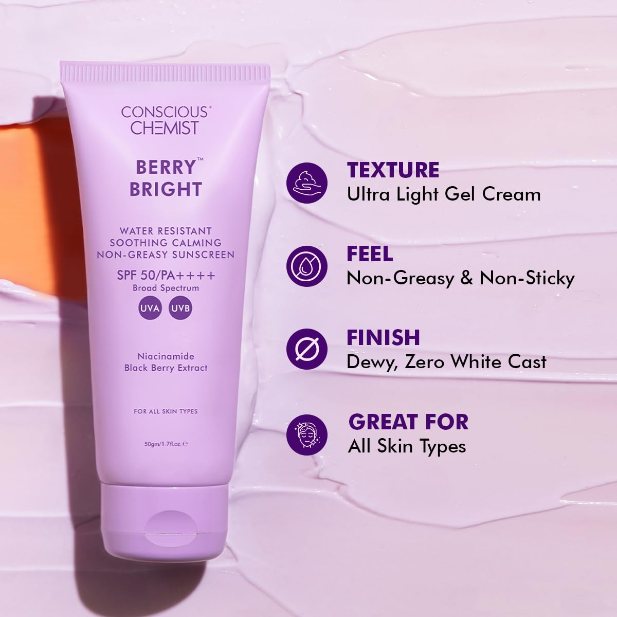 Conscious Chemist® Sunscreen SPF 50 PA++++ | 100g | Sunscreen for Oily Skin, Gel Sunscreen, Niacinamide with Black Berry Extract, Lightweight, Water Resistant, All Skin Types - Berry Bright