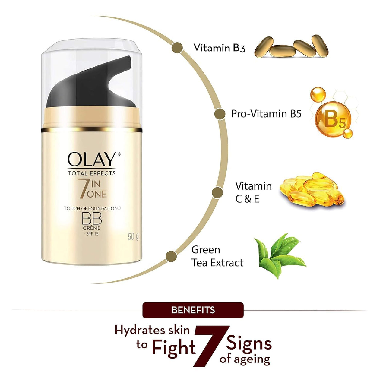 Olay Total Effects Anti Ageing Skin Cream (Moisturizer)| Fights 7 Signs of Ageing | With Niacinamide and Green Tea Extracts | Normal, Oily, Dry, Combination Skin | 50g (BB Creme (SPF 15))