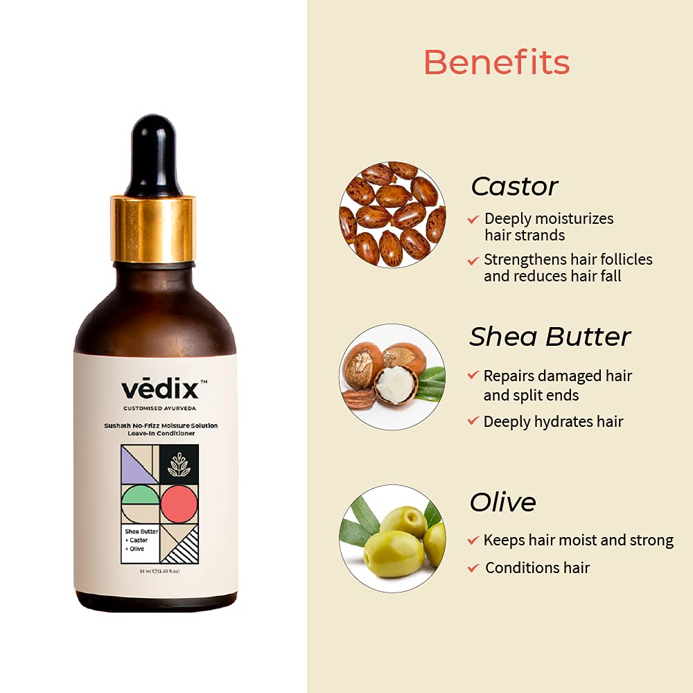 Vedix Sushath No-Frizz Intense Moisture Solution Leave In Conditioner for Chemically Treated & Coloured Hair, Customized Ayurvedic Hair Serum With Castor + Shea Butter + Olive - 50ml
