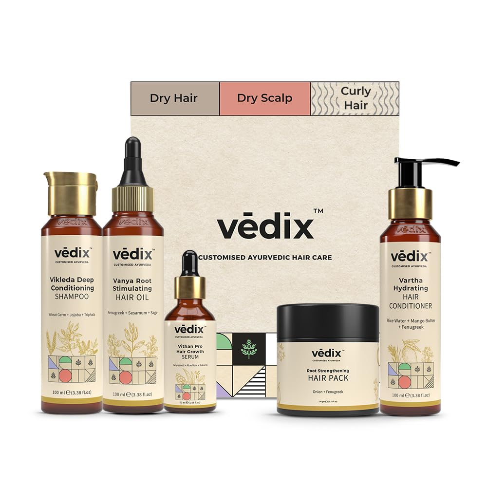 Vedix Ayurvedic Hair growth Kit | 5 product Kit | for Dry Hair, Dry Scalp, Curly Hair | Vedix Hair Oil, Shampoo, Serum, Mask, Conditioner Set