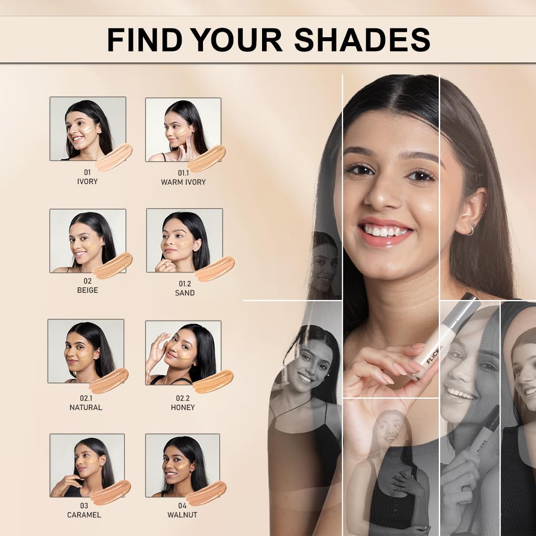 FLiCKA Cover Story Liquid Light Weight Natural Concealer With Full Coverage For Women| Contains SPF, Argan & Avacado Oil| Concealer For Face Makeup, 01.1 Warm Ivory, 8.5ml