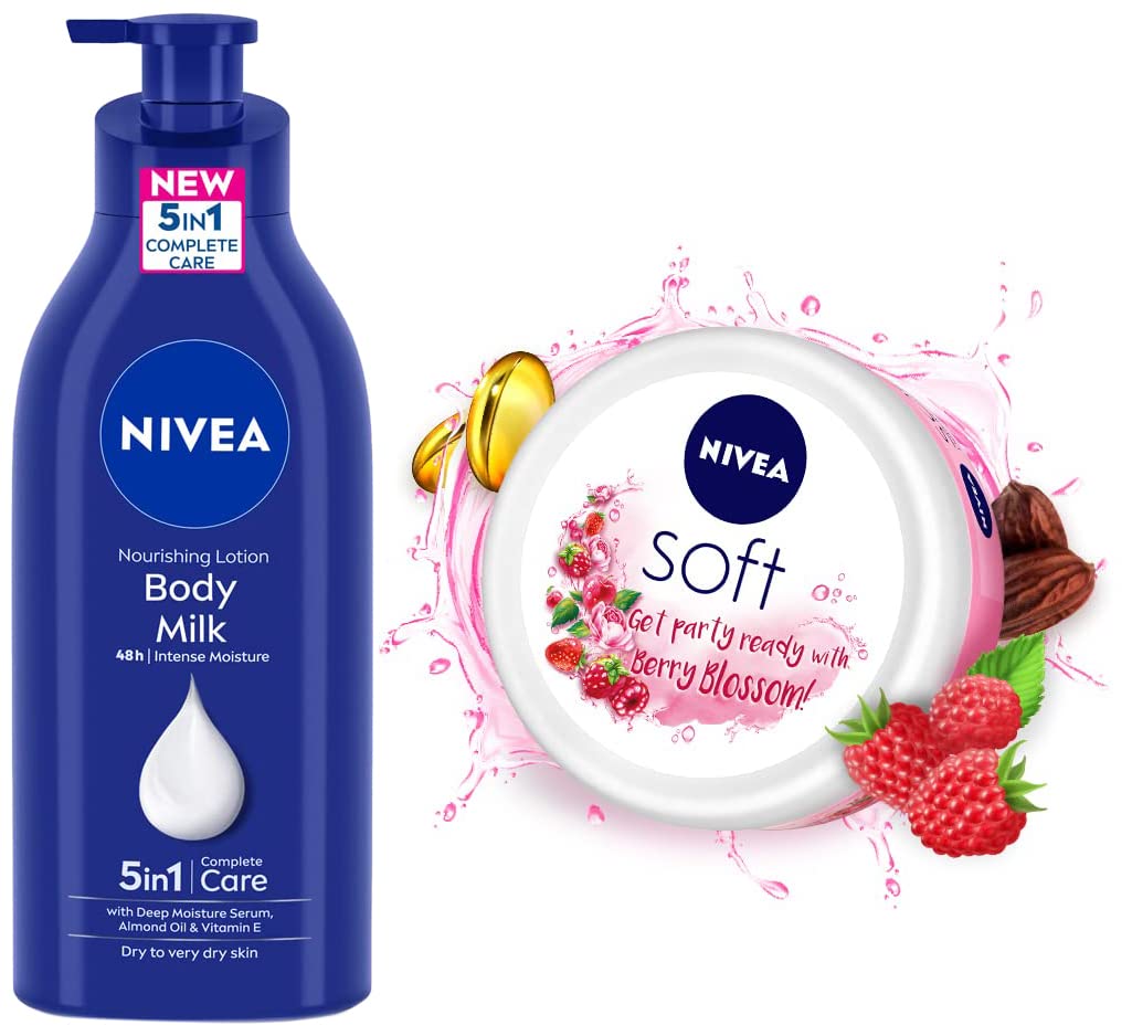 NIVEA Body Lotion for Very Dry Skin, 600 ml & NIVEA Soft Berry Blossom, Light Moisturizer for Face, 200 ml