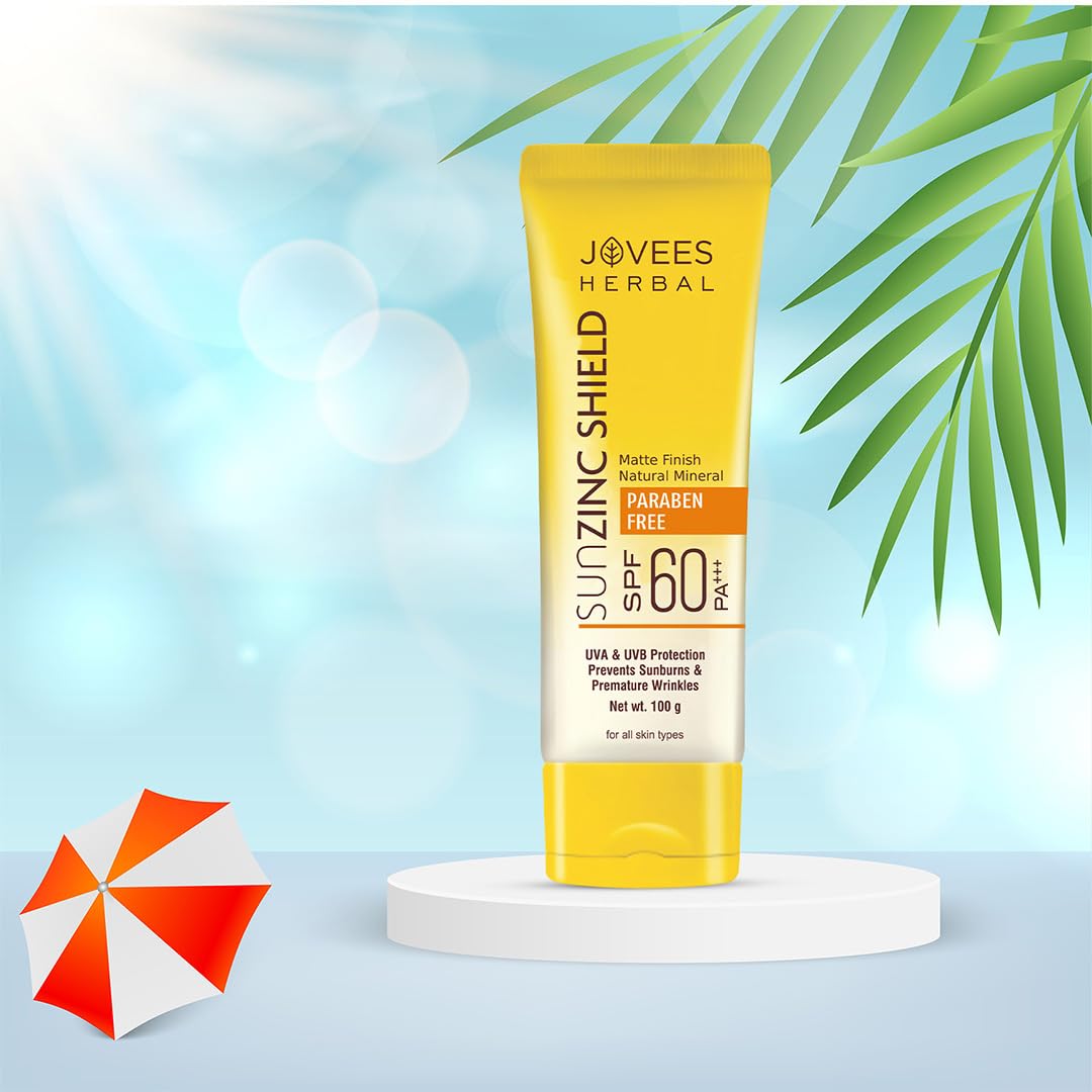 Jovees Herbal Sun Zinc Shield SPF 60 PA+++ Broad Spectrum | Matte Finish | Oil Free | UVA/UVB & Blue Light Protection | For All Skin Types 100g (Pack of 2)