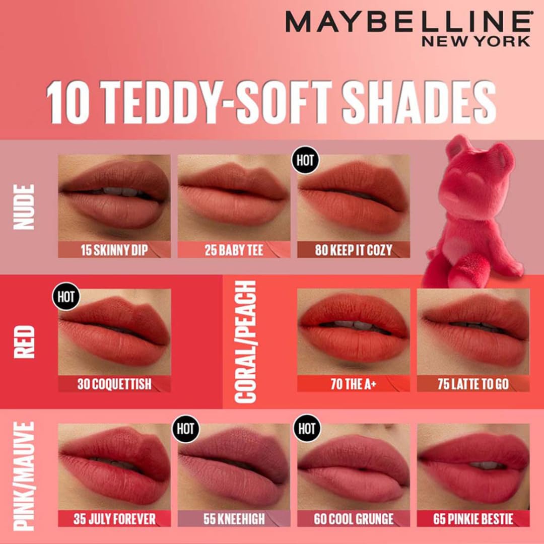 Maybelline New York Super Stay Teddy Tint - Lip and Cheek Color, Skinny Dip, 5ml | Teddy Soft Matte up to 12Hr | Multi Use | Comfortable Long wear formula |Buildable |Natural flushed look in one swipe