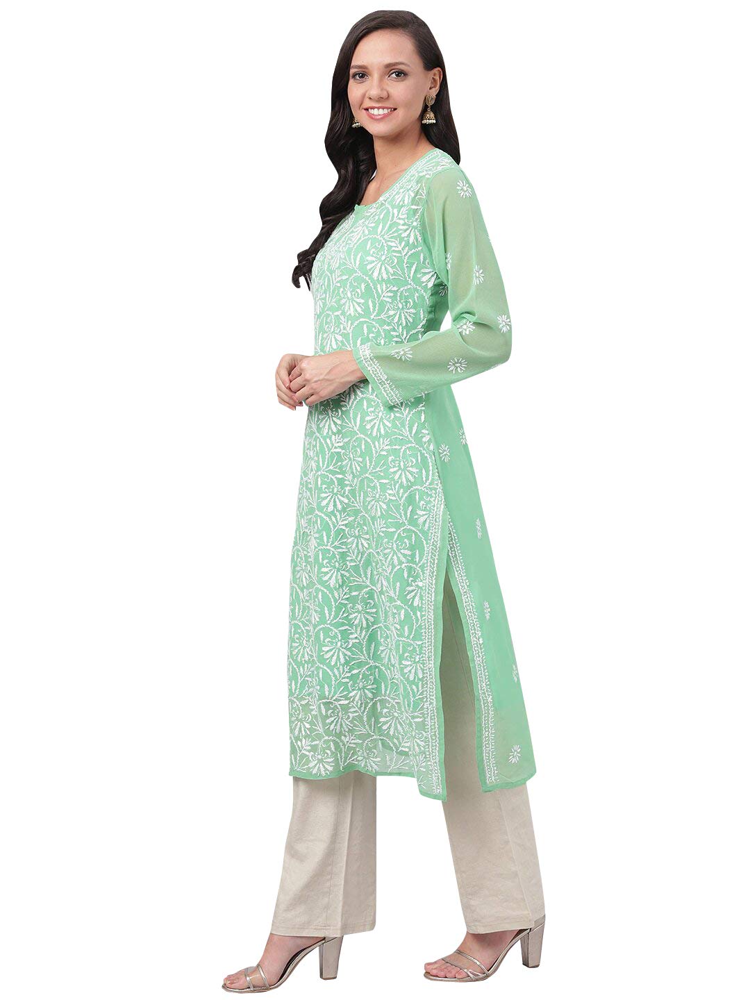 Ada Lucknowi Hand Embroidered Traditional Chikankari Georgette Kurta Kurti with Slip for Women