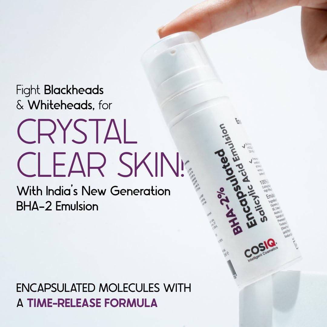 Cos-IQ BHA-2% Encapsulated Salicylic Acid Emulsion Face Serum for Sensitive Skin | Face Exfoliator for Blackheads, Whiteheads, Acne & Open Pores | Reduces Breakouts | For Women & Men | 30ml