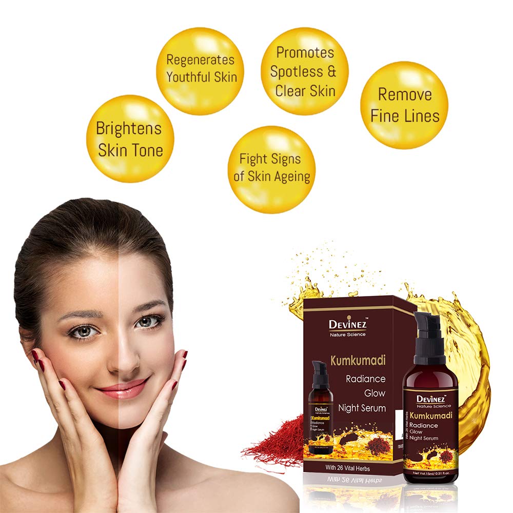 Devinez Ayurvedic Kumkumadi Radiance Glow Night Serum - 15ml, 100% Natural for Face Brightening, Anti Ageing, fight under eye dark circles, Kumkumadi Tailam