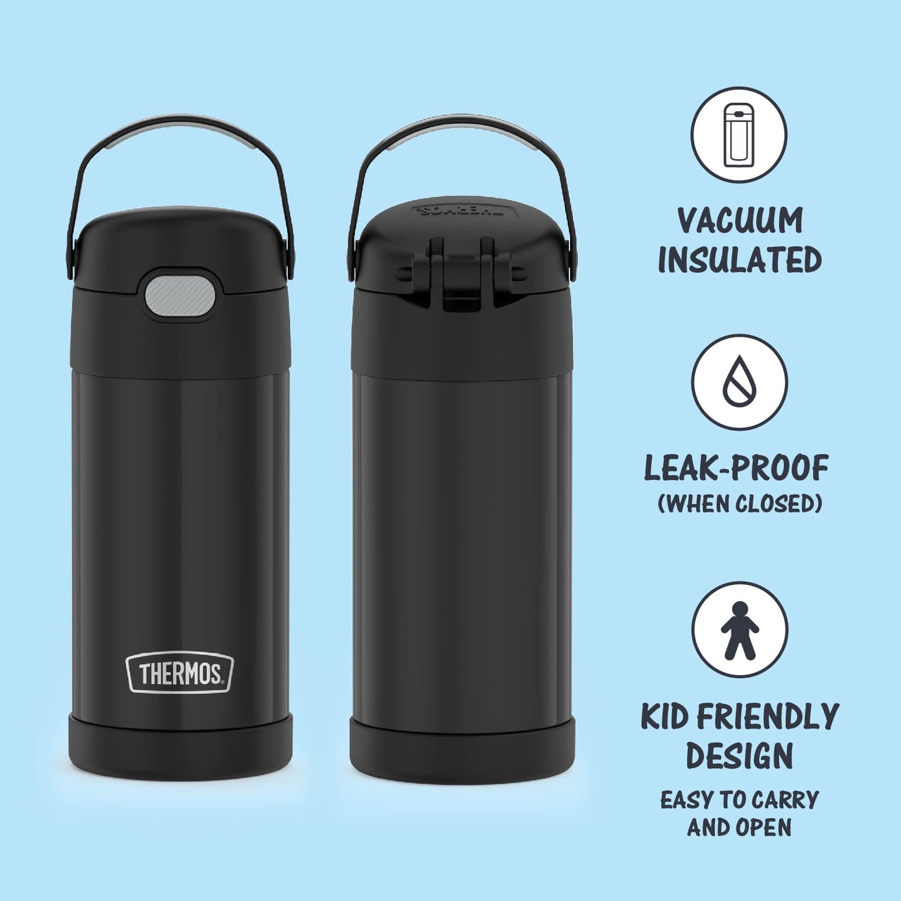 THERMOS FUNTAINER Water Bottle with Straw - 12 Ounce, Black - Kids Stainless Steel Vacuum Insulated Water Bottle with Lid FUNTAINER 12 Ounce Bottle