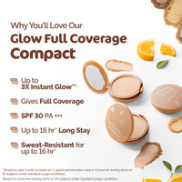 Mamaearth Glow Full Coverage Compact For All, Spf 30 For Up To 3X Instant Glow - 9 Gm|Radiant, Natural|Even Toned Complexion| Mattifying|Up To 16-Hour Oil Control & Sweat-Resistant (Pearl Glow), Cream