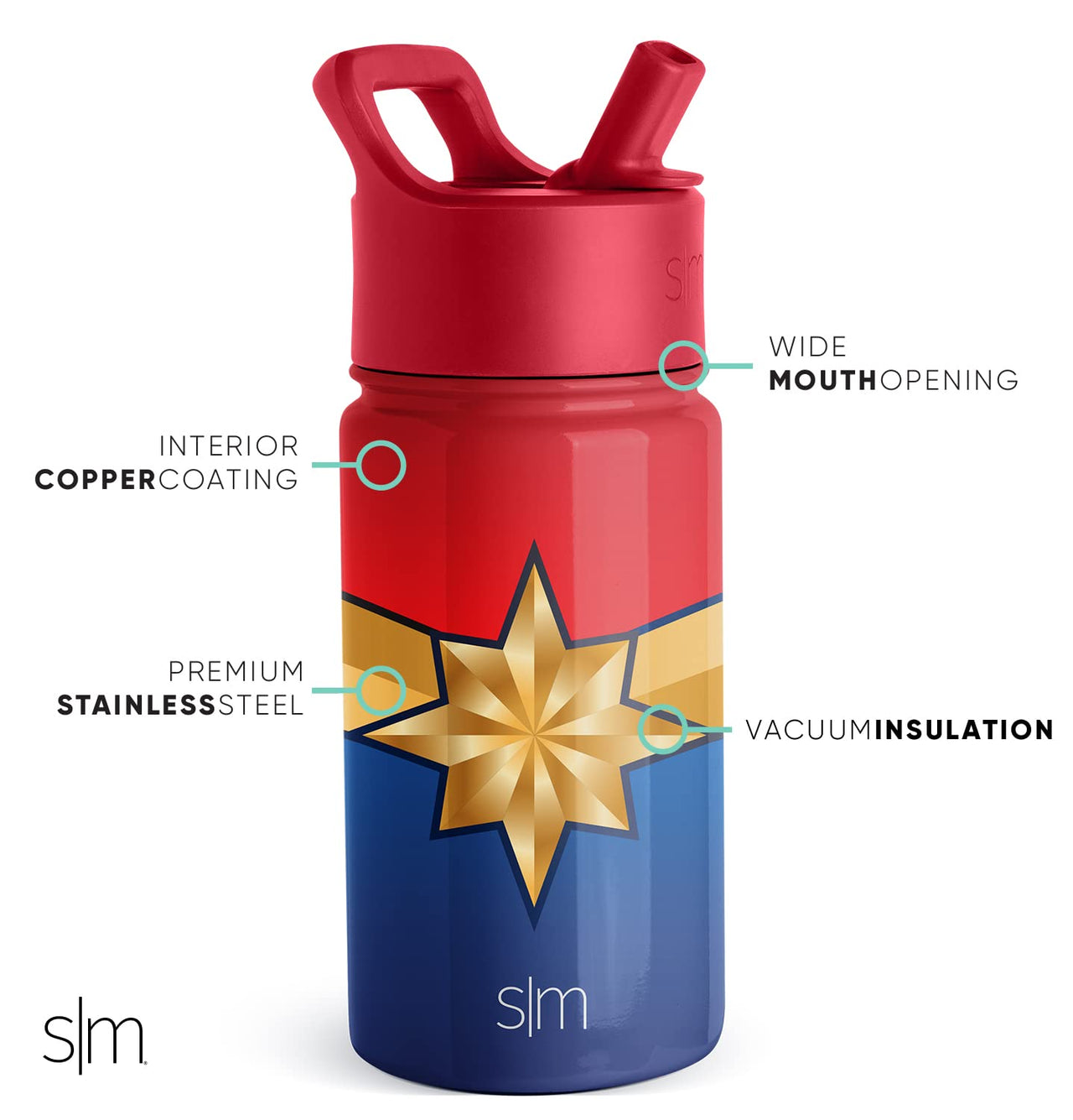 Simple Modern Marvel Kids Water Bottle with Straw Lid | Insulated Stainless Steel Reusable Tumbler Gifts for School, Toddlers, Girls | Summit Collection | 14oz, Captain Marvel 14oz Water Bottle Marvel-Captain Marvel