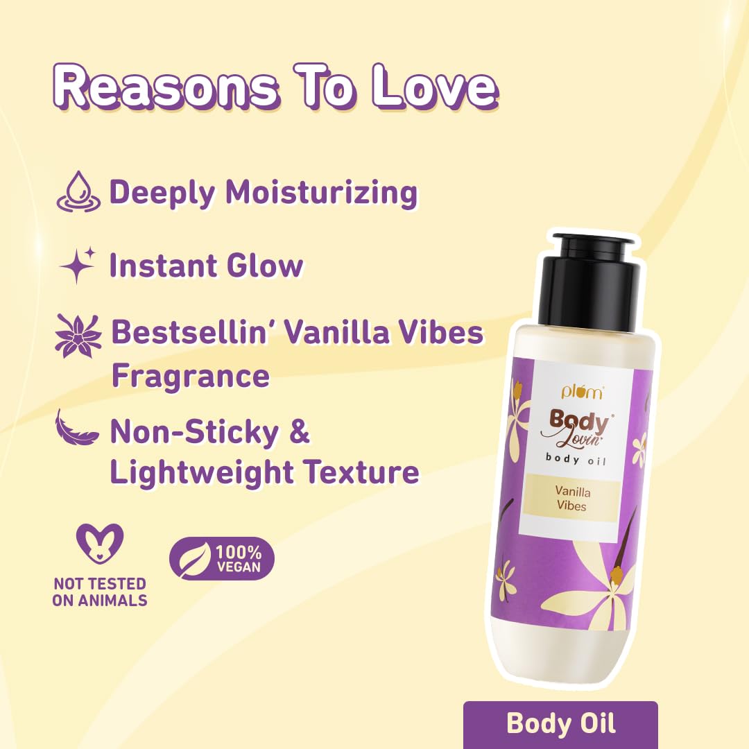 Plum BodyLovin' Vanilla Vibes Bath & Body Gift Set | Body Wash | Body Mist | Body Oil | Long-Lasting Warm Vanilla Fragrance | Gift Set For Women | Gifting For Birthday, Valentine's, Anniversary, Rakhi & Special Occasions| Premium Gift Packaging | Pack Of