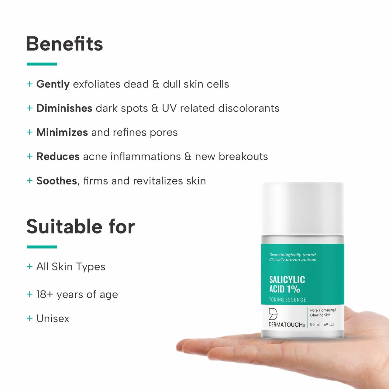DERMATOUCH Salicylic Acid 1% W/W Toning Essence Drop | For Pore Tightening & Glowing Skin | For Even & Revitalized Skin | For Both Men & Women | 50Ml