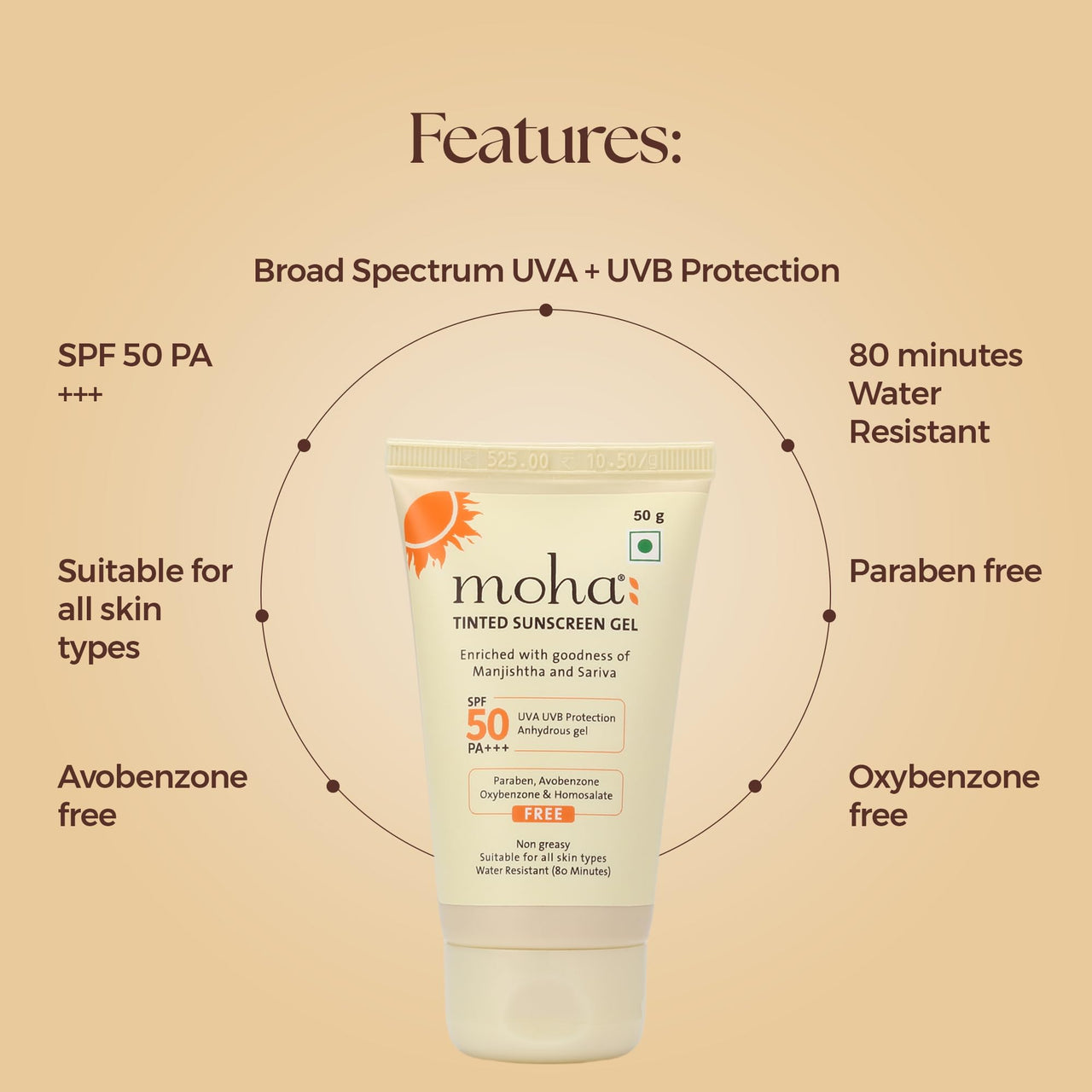 moha: Tinted Sunscreen Gel SPF 50 +++ | Matte, Oil-Free, Water-Resistant & Lightweight | No White Cast, Broad Spectrum Protection (50g)