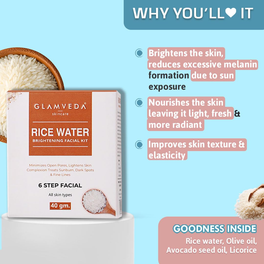 Glamveda Rice & Ceramide Combo Gift Pack | Skin Brightening & Anti Dullness | Face Wash, Facial Kit & Peel Off Mask | SLS, Paraben Free