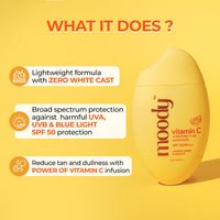 Moody SPF 50 PA+++ Vitamin C Sunscreen with UVA, UVB & Blue Light Protection for Glowing Skin| Long Lasting Hydration Lightweight | Non-Greasy, Quick-Absorbing | Zero White Cast | For Women & Men | 50 ml