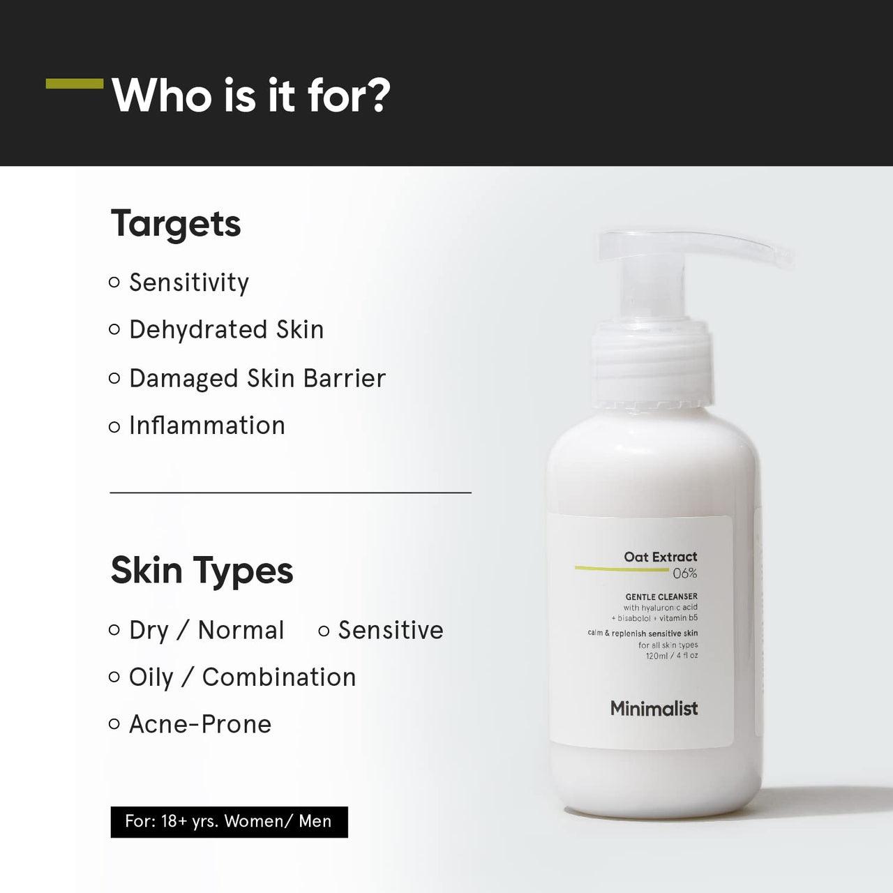 Minimalist Gentle Face Wash With 6% Oat Extract & Hyaluronic Acid For Sensitive Skin (Dry to Normal) | Sulphate Free | Non-Drying | Fragrance Free | Gentle Cleanser (120 ML)