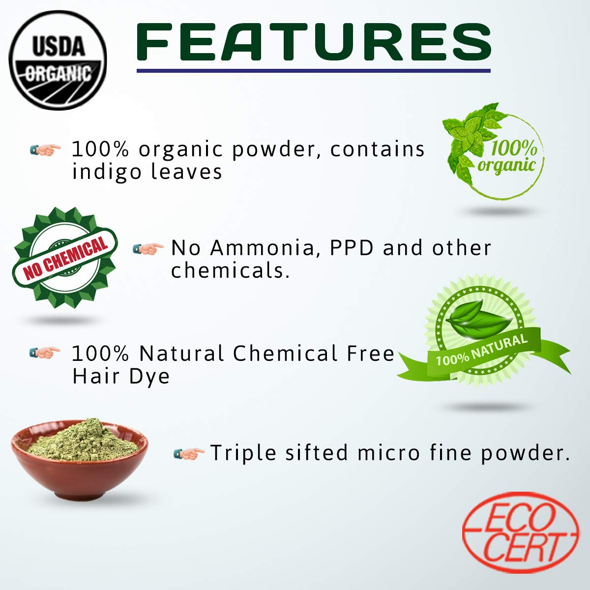 INDUS VALLEY 100% Organic Indigo Leaf Powder Jar with Henna Leaf Powder Jar - (400g+500g=900g)