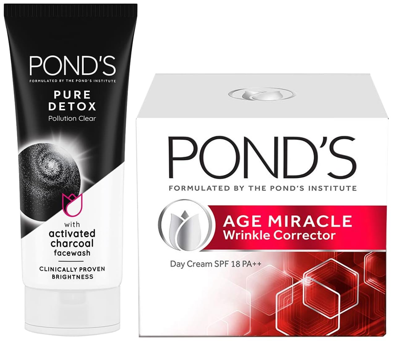 Pond's  Pure White Anti Pollution With Activated Charcoal Facewash, 100g And POND's Age Miracle Wrinkle Corrector Day Cream SPF 18 PA++ 20g