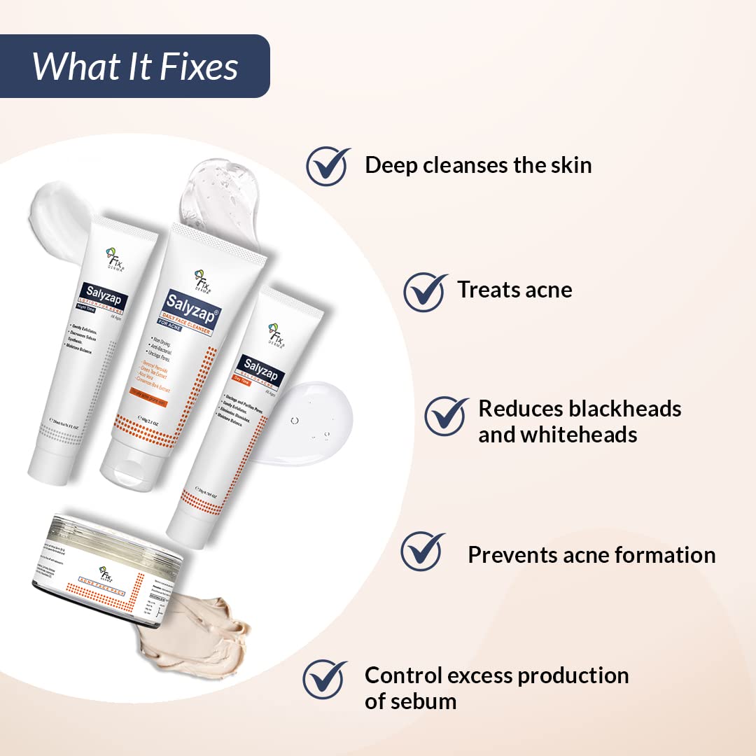 Fixderma Salyzap Acne Kit, Acne Kit for Face, Acne Control Kit, Complete Skincare Regimen for Acne and Dark Spots, Includes Salyzap Facewash, Day time gel, Night time gel and Face pack,